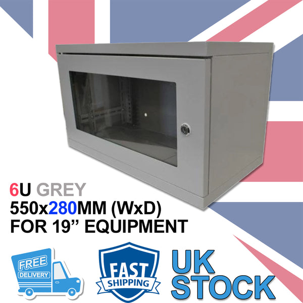 6U 19" 280MM Network Cabinet Data Comms Wall Rack for Patch Panel, Switch, PDU - Non Removable Sides