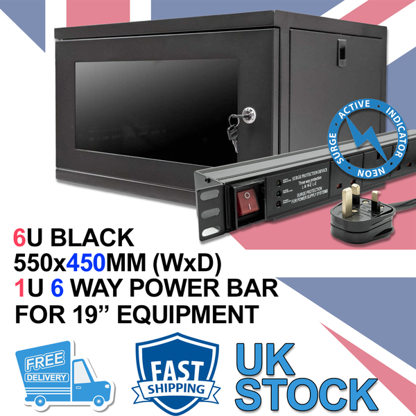 6u 19" 450mm Deep Black Wall Mounted Data Cabinet & 6 Way PDU UK Horizontal