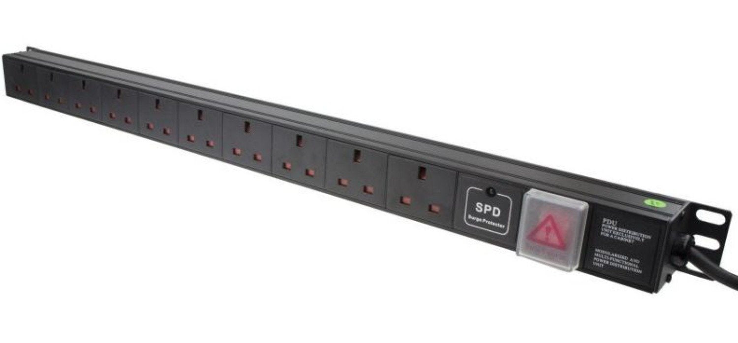 1U 10 Way Vertical 13A switched PDU with surge protection