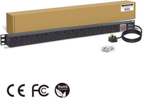 1U 12 Way Vertical 13A switched PDU with surge protection - 3m Lead