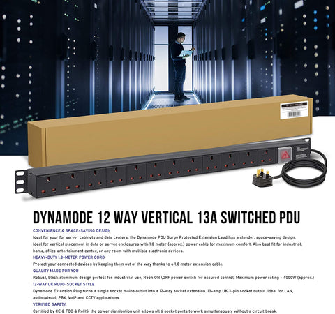 1U 12 Way Vertical 13A switched PDU with surge protection - 3m Lead