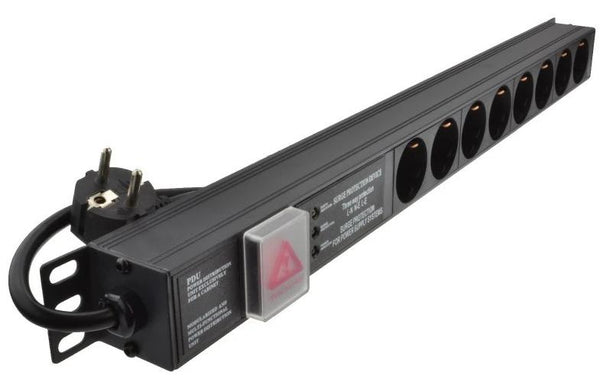 8 Way Vertically Mounted Surge Protected Schuko Plug PDU - 16A Schuko Sockets (PDU-8WS-V-SCH-SCH-SP)