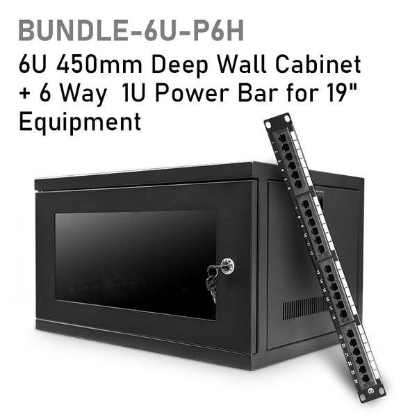 CABINET BUNDLE: 6U 450MM DEEP DATA COMMS WALL CABINET / RACK + 24 PORT CAT5E PATCH PANEL