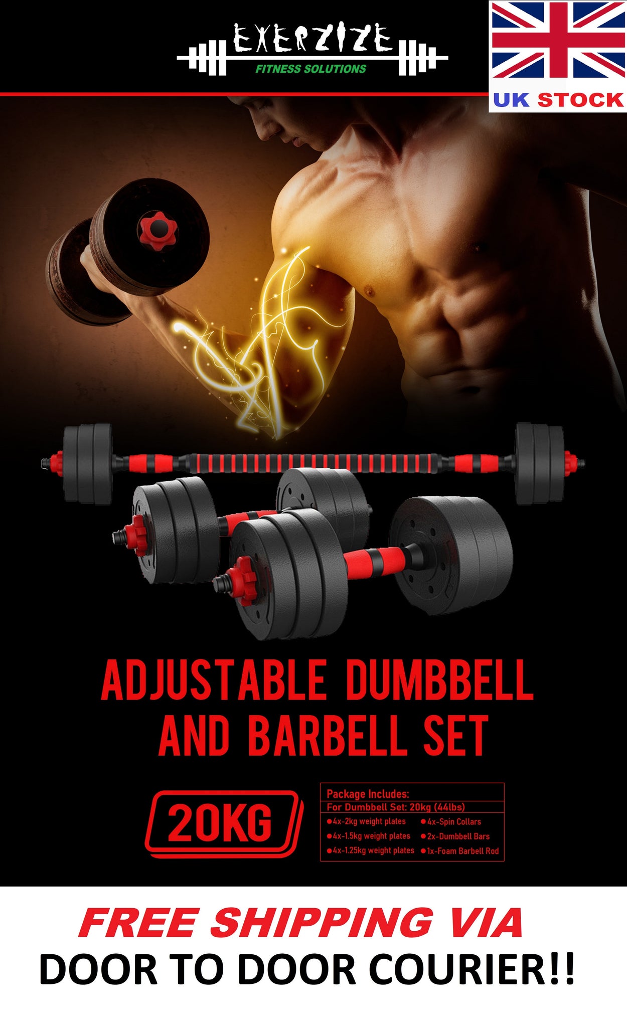 20KG Adjustable Fitness Dumbbell Weights Barbell Set, GYM Exercise Fitness