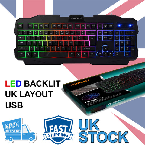 Gaming Keyboard Rainbow LED Wired USB for PC Laptop UK