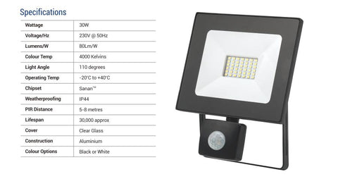 30W LED Flood Light with Sensor - 2400LM /  Lumens (IP44) 2835