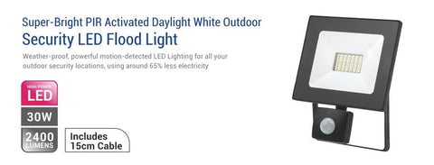 30W LED Flood Light with Sensor - 2400LM /  Lumens (IP44) 2835