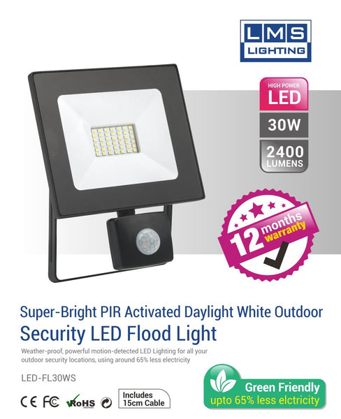 30W LED Flood Light with Sensor - 2400LM /  Lumens (IP44) 2835