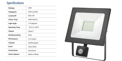 50W LED Flood Light with Sensor - 4000LM /  Lumens (IP44) 2835