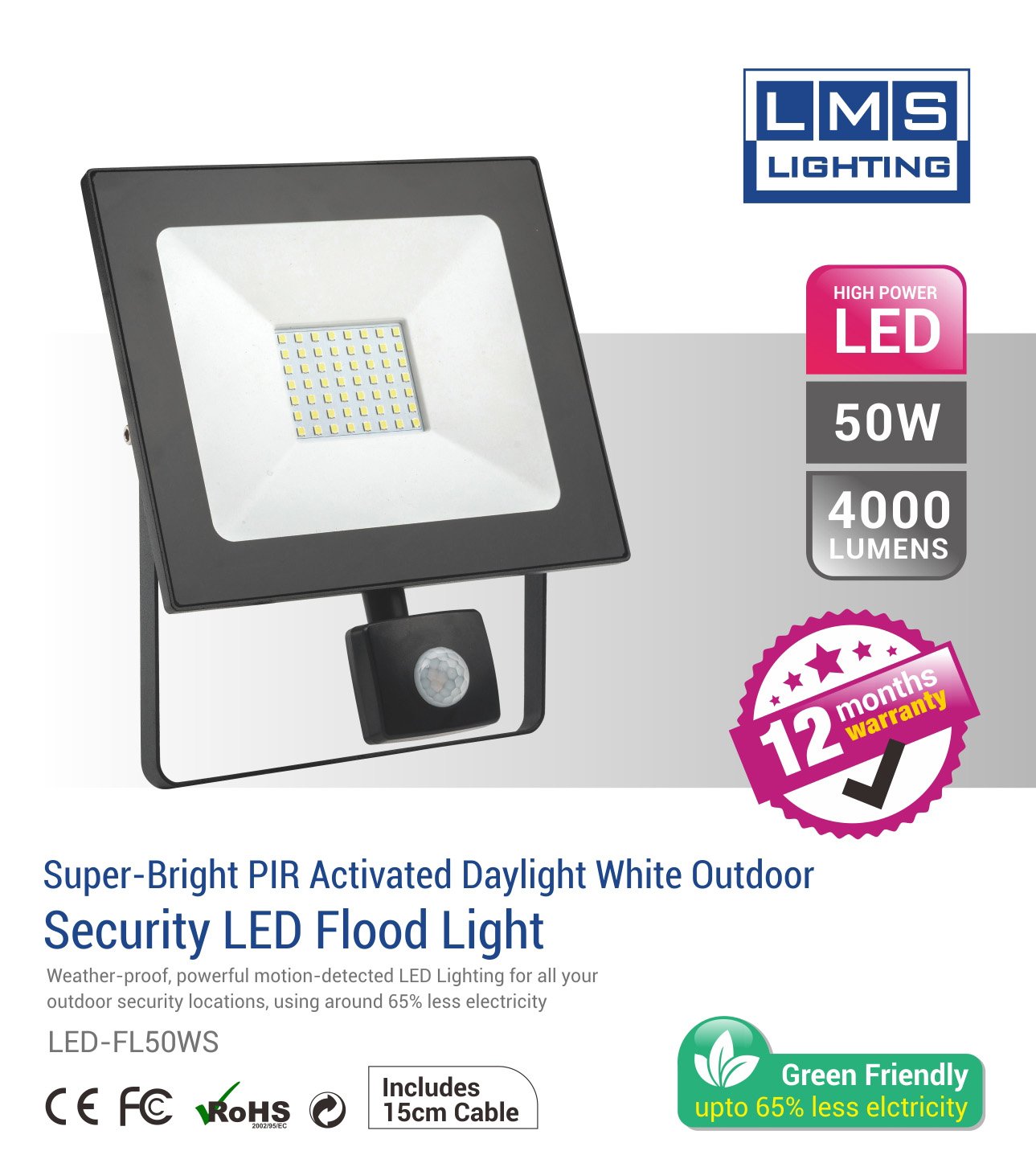 50W LED Flood Light with Sensor - 4000LM /  Lumens (IP44) 2835