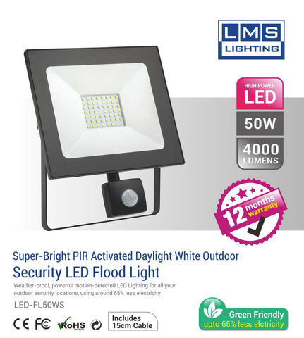50W LED Flood Light with Sensor - 4000LM /  Lumens (IP44) 2835