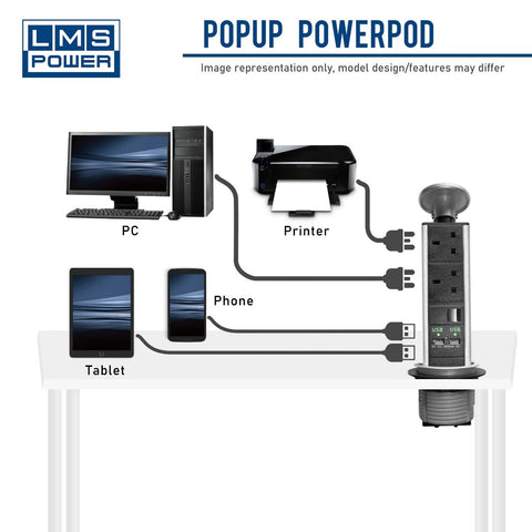 Desktop Multifunction Pop Up PowerPod - 2x UK Sockets 2x USB 1x RJ45 (PDU-P-2W-2USB-1RJ45)