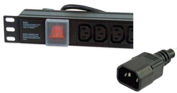 1U 12 WAY HORIZONTAL SWITCHED 10A IEC13 SOCKETS TO IEC14 PLUG PDU (RACKMOUNT)