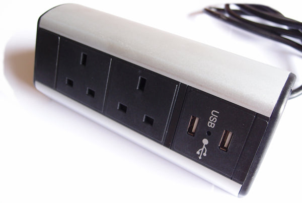 Desktop Bench Mountable PDU 2 x UK Mains Sockets & 2 x USB Ports