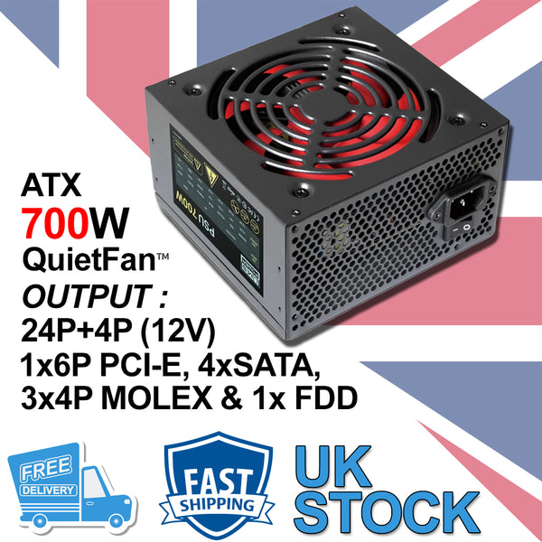 LMS Data 700W PC Power Supply Unit Quiet 12cm Red Fan PSU ATX 6-Pin PCI-E SATA