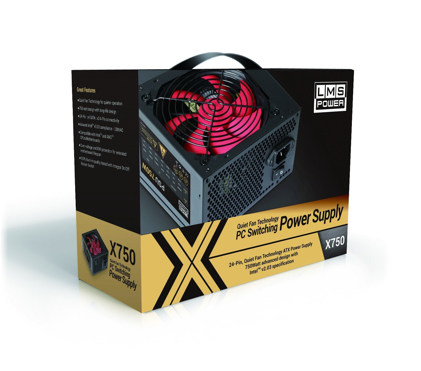 LMS Data 750W PC Power Supply Unit Quiet 12cm Red Fan PSU ATX 6-Pin PCI-E SATA