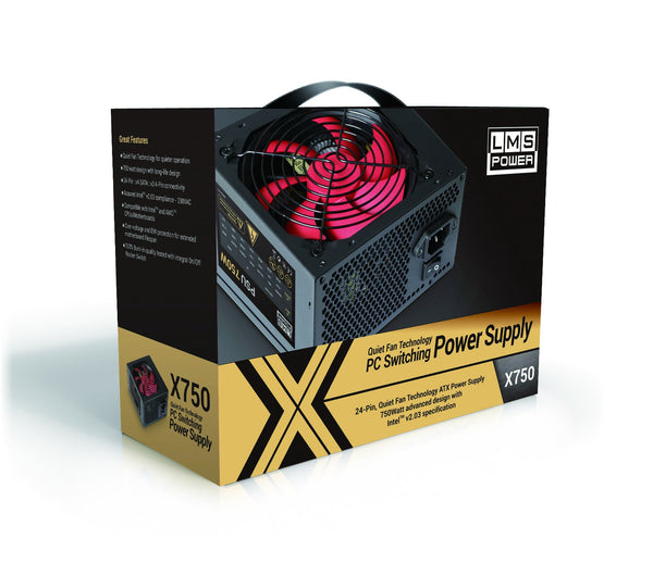 LMS Data 750W PC Power Supply Unit Quiet 12cm Red Fan PSU ATX 6-Pin PCI-E SATA